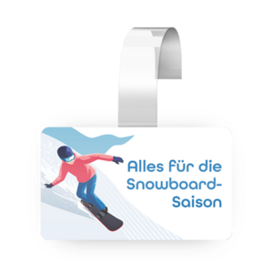 ein Regalwobbler mit einem Snowboard-fahrer und Aufschrift Alles für die Snowboard-Saison
