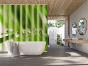 un aménagement de salle de bains avec une installation de peinture murale