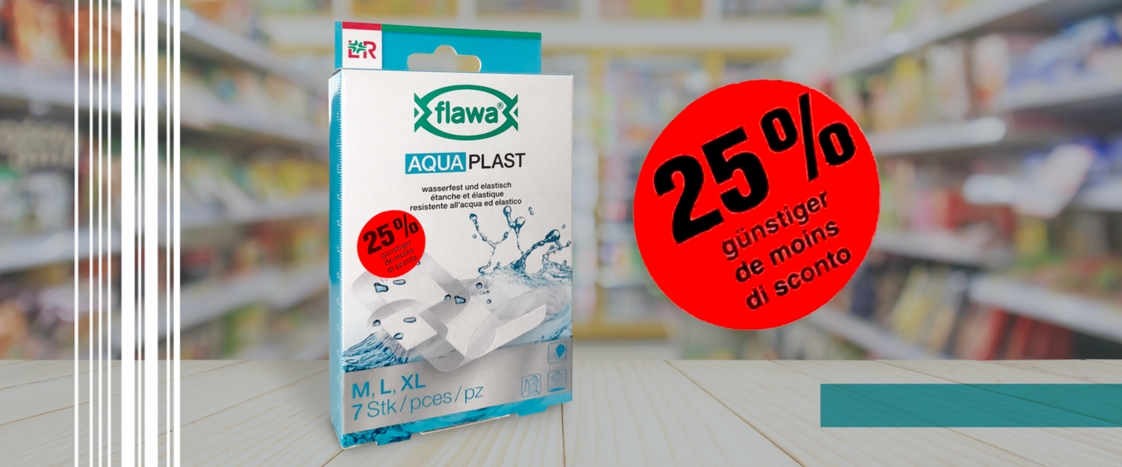 Aktionsetikett 25% günstiger mit Sicherheitsschnitt im Hintergrund ein Einsatzbeispiel an einer Pflasterpackung