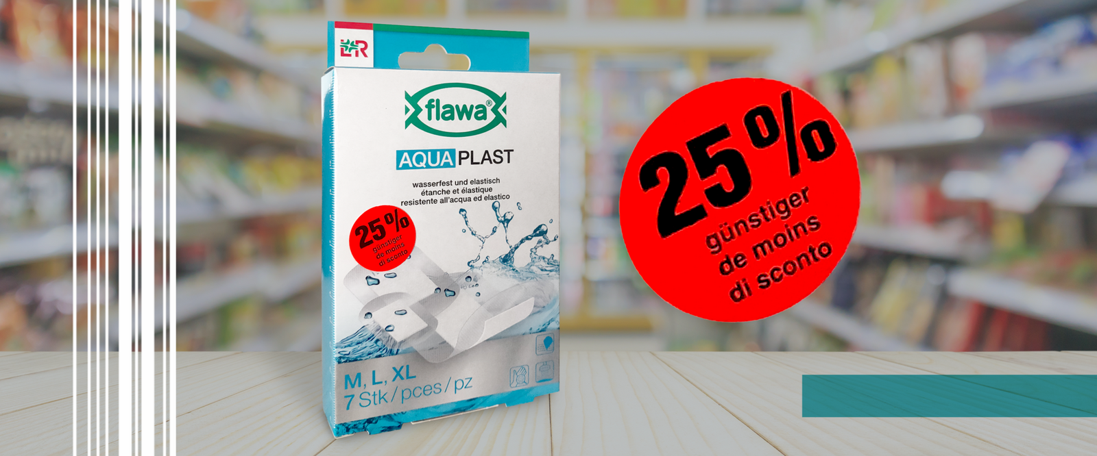 Aktionsetikett 25% günstiger mit Sicherheitsschnitt im Hintergrund ein Einsatzbeispiel an einer Pflasterpackung